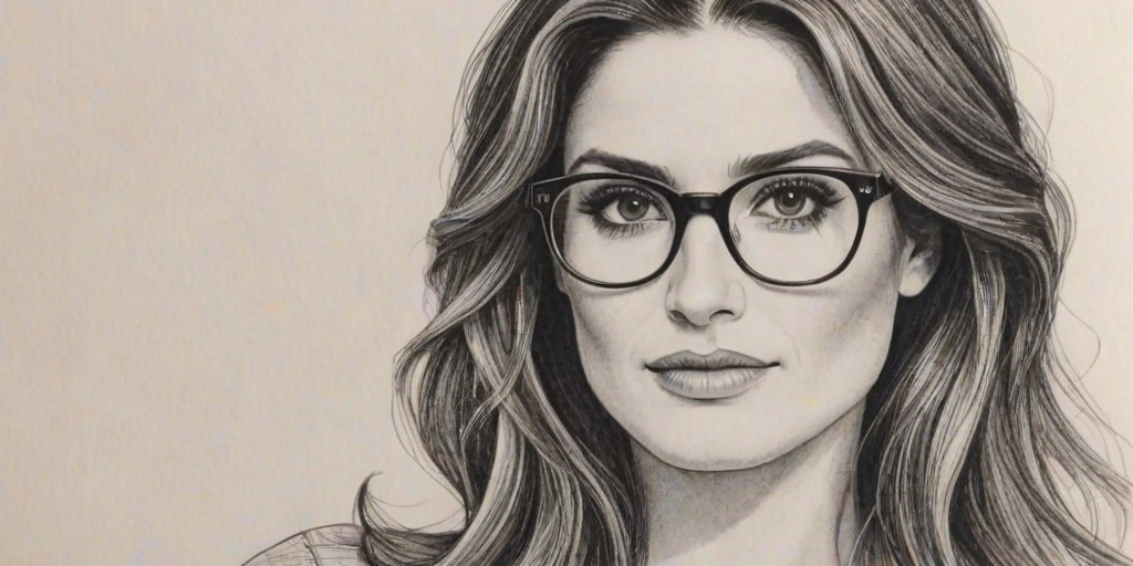 Enchanting Idina Menzel, pencil sketch, portrait of Enchanting woman 1973s in glasses, hair style beatnik, outline, clear lines, fine lines, 8k
