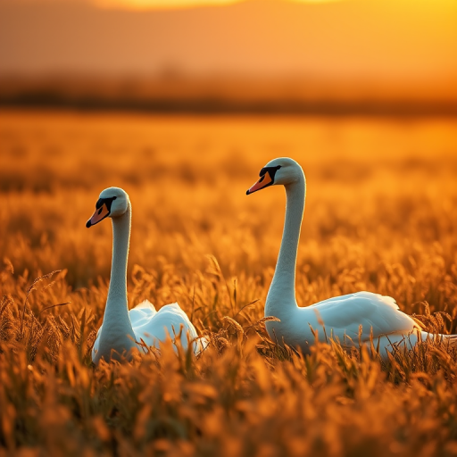 Capture a serene landscape featuring two white swans in a golden grass field during golden hour, with a shallow depth of field, using a Canon EOS R5, 85mm lens, f/2.8 aperture, 1/200 sec shutter speed, and ISO 100.