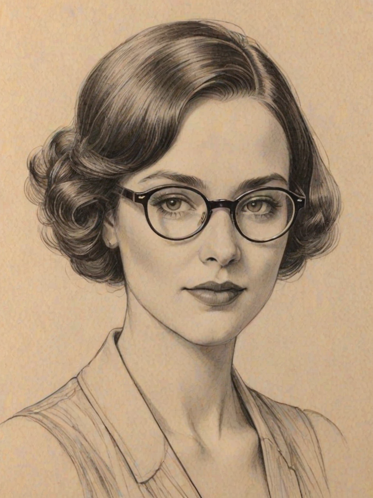 Fetching Sophia Wylie, pencil sketch, portrait of Resplendent woman 1928s in glasses, hair style beatnik, outline, clear lines, fine lines, 8k