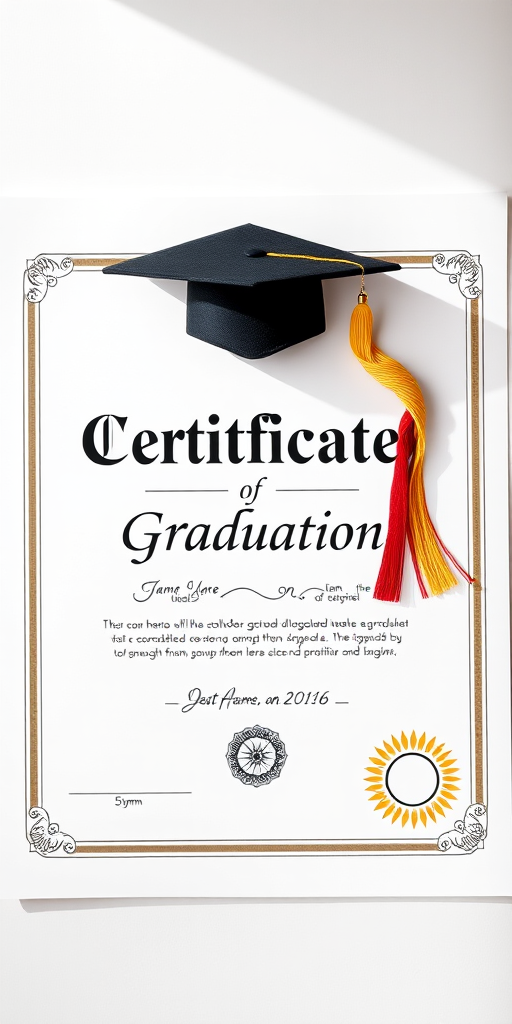 Generate a high-resolution image of a graduation certificate with a decorative border, including the text "Certificate of Graduation" prominently, a ribbon graphic, a sun icon in the bottom right, an empty space for the name and date, captured with a DSLR camera, aperture set to f/5.6, ISO 100, 50mm lens, top-down view, bright lighting to enhance clarity and detail.
