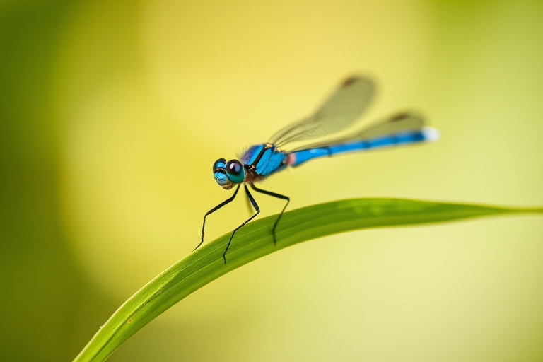 close-up of a blue dragonfly perched on a green leaf, soft focus background, natural lighting, ISO 100, f/2.8, shutter speed 1/1000s, macro lens, DSLR camera