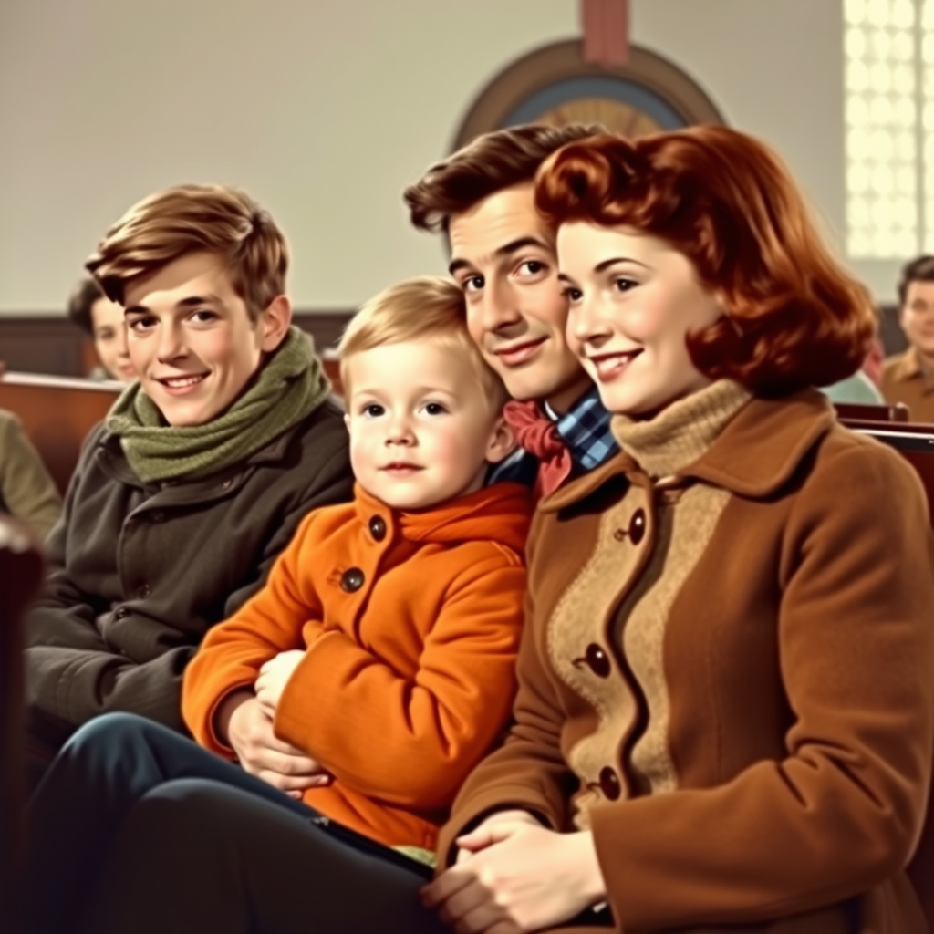 In the style of Norman Rockwell, a 1953 young family, looking pleasantly content is sitting in church, wearing cold weather clothing in autumn colors