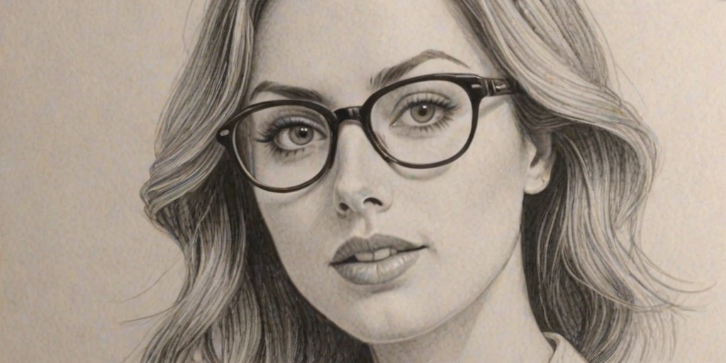 Captivating Eva Amurri, pencil sketch, portrait of Lovely woman 1972s in glasses, hair style beatnik, outline, clear lines, fine lines, 8k