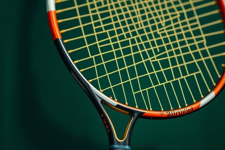 Create a high-resolution digital illustration of a tennis racket, showcasing detailed textures and vibrant colors, using a Canon EOS R5, aperture f/2.8, shutter speed 1/250 sec, ISO 100, top-down view, with a focus on the racket's strings and grip.