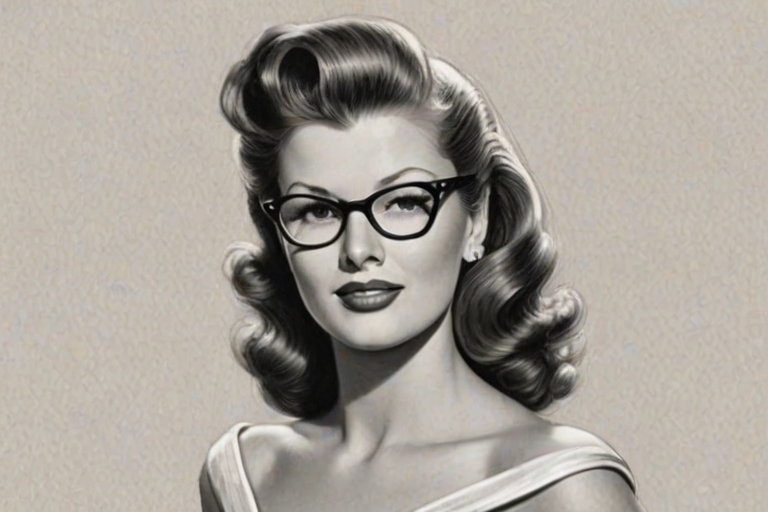 Splendid Rita Hayworth, pencil sketch, portrait of Graceful woman 1948s in glasses, hair style beatnik, outline, clear lines, fine lines, 8k