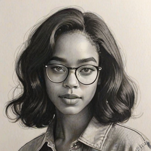 Superb Laura Harrier, pencil sketch, portrait of Pleasing woman 1969s in glasses, hair style beatnik, outline, clear lines, fine lines, 8k