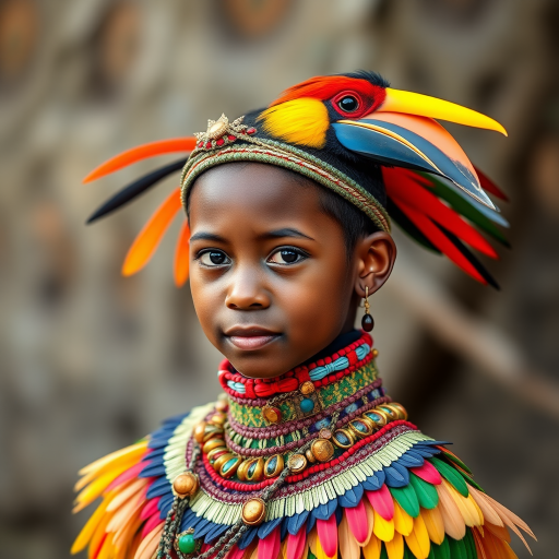 A beautiful Melanesian girl, wearing colorful bird clothing with vibrant colors