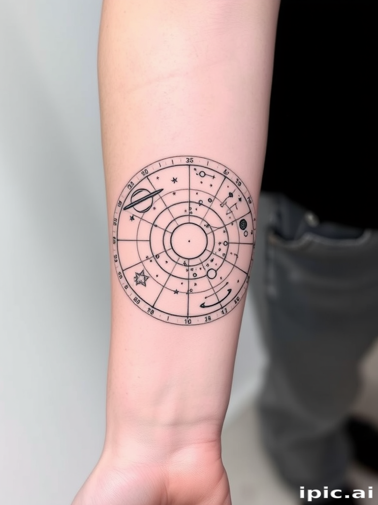 Minimalist black linework tattoo called "Celestial Blueprint" depicting an intricate astronomical chart spanning the forearm, showcasing constellations, planets, and cosmic symbols in precise, thin lines, creating a sophisticated and scientific aesthetic with subtle dotwork shading for depth