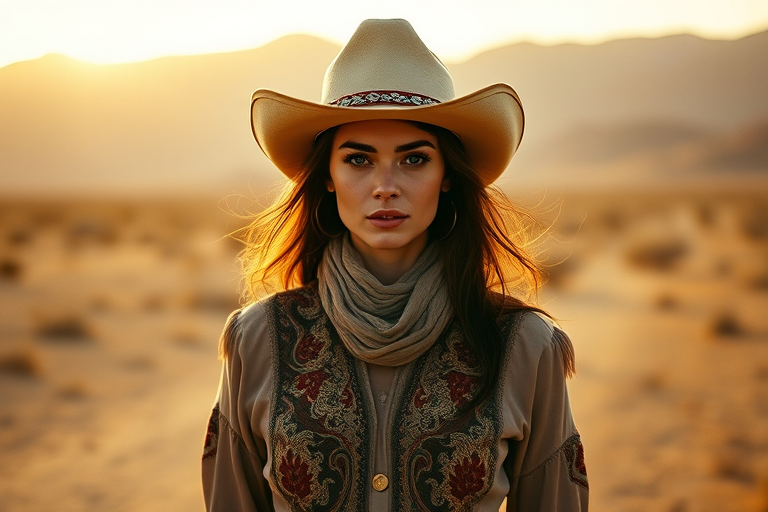 Dramatic photo of a beautiful Azerbaijani woman, classic cowboy attire, confident and free spirit expression, half-length portrait, centered, golden hour desert landscape, warm, diffused light, low angle, medium format film camera, in style of Annie Leibovitz.