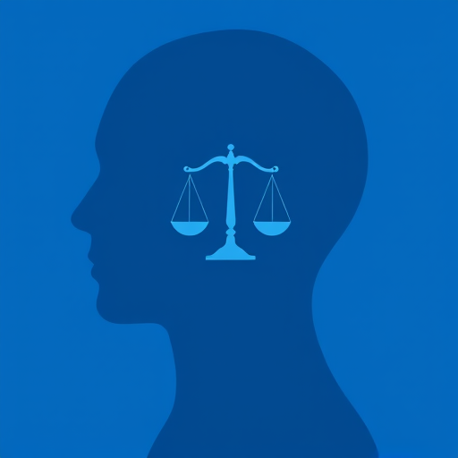 Create a minimalist blue silhouette of a human head with an emblem of balanced scales inside, using a Canon EOS R5 with a 50mm lens, f/1.8 aperture, ISO 100, natural lighting from the left, and a shallow depth of field for a smooth background.