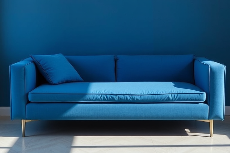 a modern blue couch with smooth lines and minimalist design, captured from a slightly elevated angle, using a DSLR camera with a 50mm lens, aperture f/2.8, ISO 100, natural light for enhanced color vibrancy and contrast