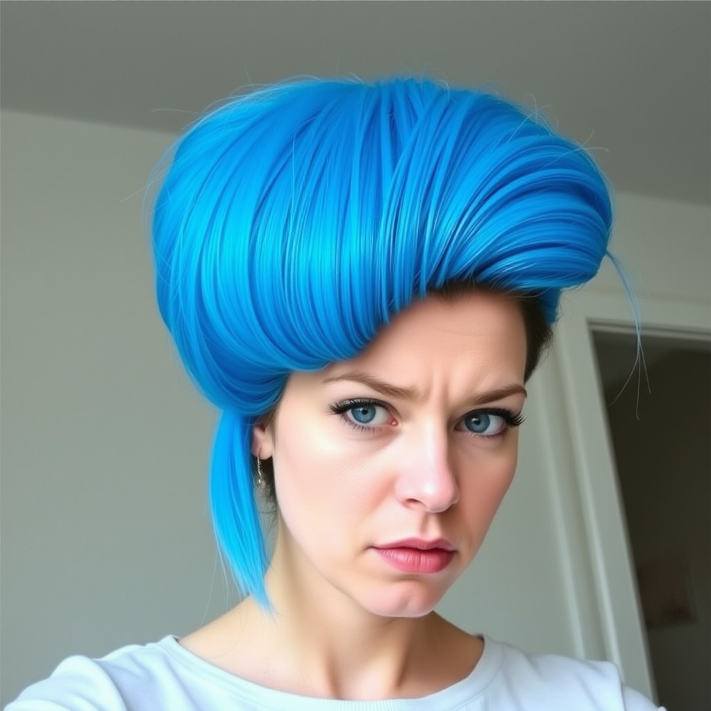Image of a woman with their hair styled upright,  in a cylinder shape. The hair  color is neon blue and appears to be held in place by a hair product, giving it a fluffy texture. The background is nondescript, and the person's face is looking at the viewer nervously.