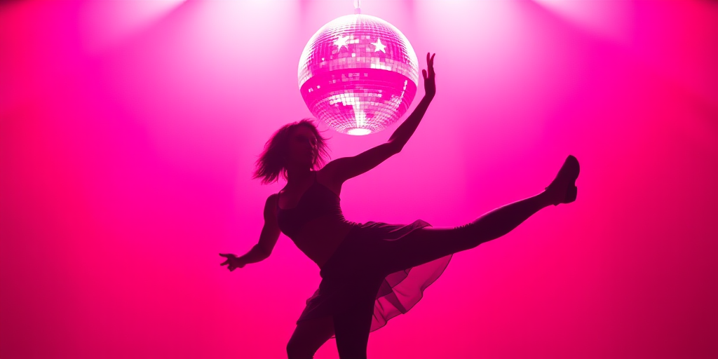 Generate a vibrant silhouette of a dancer against a bright pink background featuring a large disco ball with stars, using a Canon EOS R5 with a 50mm lens, f/1.8 aperture, ISO 100, and a low angle view for dramatic effect.