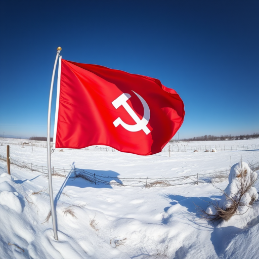 regenerate an image of a red flag with the hammer and sickle emblem waving in a snowy landscape, captured with a DSLR camera at f/8, ISO 100, 1/250s exposure, wide-angle lens, vibrant colors, high contrast, clear details, with a panoramic view to showcase the surroundings