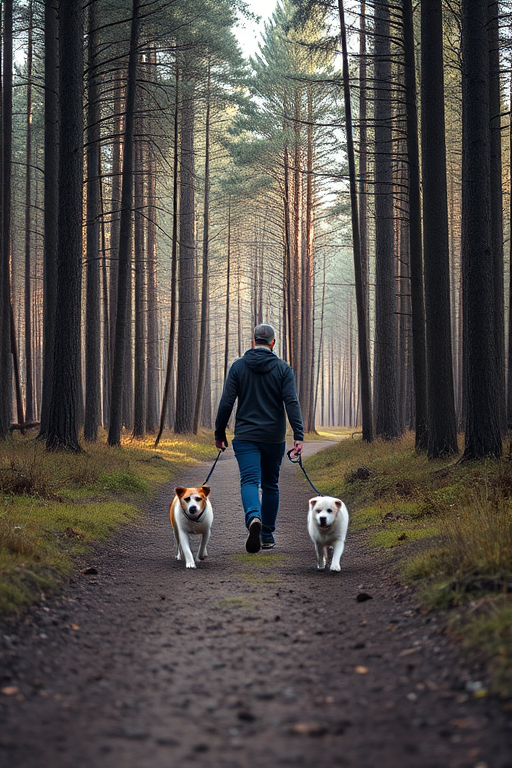 A person walking two dogs on a forest path surrounded by tall trees, captured with a DSLR camera, 35mm lens, aperture f/4, ISO 200, soft natural lighting, shallow depth of field for enhanced focus on the subject.