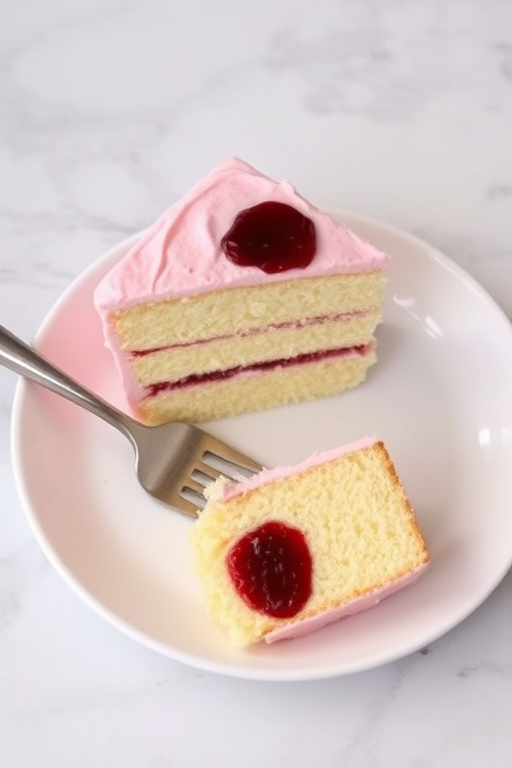 A slice of vanilla cake with pink frosting and a layer of red fruit jam on a white plate with a silver fork beside it and a small piece of cake cut out on the side. The background is a smooth marble surface.