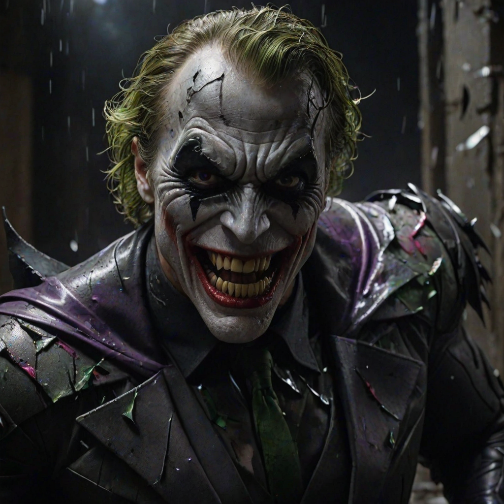 Merging elements of Batman and The Joker, this character portrays an evil, maniacal laughter, a sinister grin, and piercing eyes, accompanied by inhumanly sharp fangs. In a half-body portrait, Batman appears maniacal, gazing into a shattered mirror, his image rendered in Todd Phillips' unique style. The scene exudes an atmosphere of darkness, horror, and intense drama, with dramatic lighting and high-quality, hyper-realistic visuals. Inspired by the style of illusory wallpaper portraits, the image showcases colorful realism, exceptional attention to detail, and intricate hidden elements. The UHD, 8K resolution delivers a stunning image, combining realism and vibrant colors for an immersive, intense experience.
