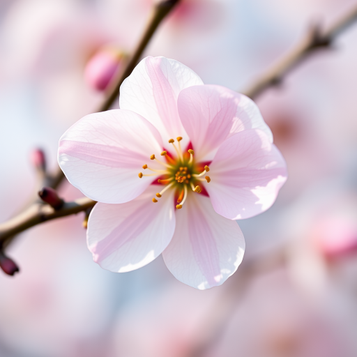 Create a high-resolution image of a stylized cherry blossom with prominent petals and a central stamen, using a DSLR camera with a 50mm lens, aperture set to f/2.8, ISO 100, shot from a slightly angled view for depth, with vibrant colors and a smooth bokeh background.