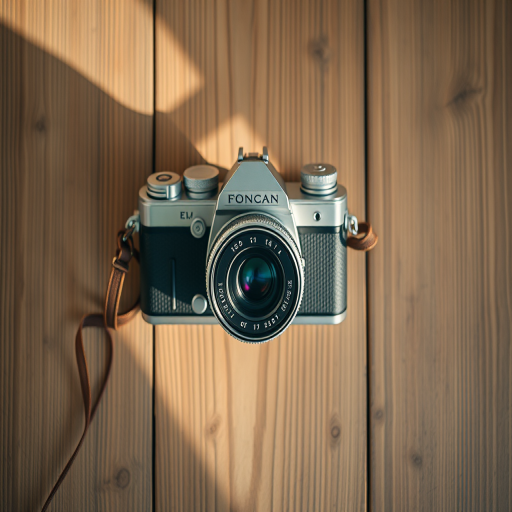 Generate a high-quality image of a vintage camera on a wooden table with natural light, using a DSLR camera with a 50mm lens, f/1.8 aperture, ISO 200, and a shallow depth of field for a soft background blur, shot from a top-down view.