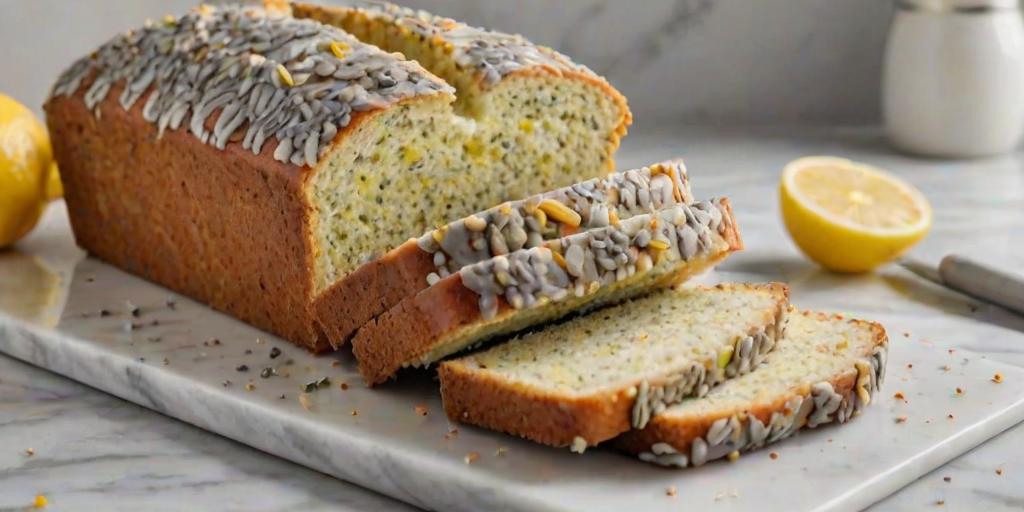 Create an image of a freshly baked loaf of lemon poppy seed bread with several slices cut and arranged on a marble surface. The bread should have a glossy lemon glaze on top, and the texture should look soft and moist. The background should be simple and light to emphasize the bread.