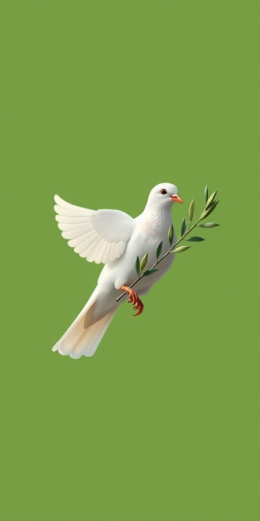 Create a high-resolution digital illustration of a white dove carrying an olive branch against a solid green background, shot with a Canon EOS R5, 50mm lens, f/2.8 aperture, 1/200s shutter speed, vibrant colors and sharp details.