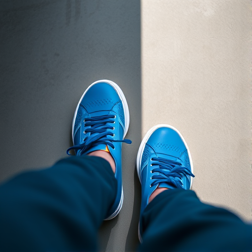 a pair of blue sneakers on a person's feet, captured from a high angle perspective with a shallow depth of field to focus on the shoes, using a Canon EOS 5D Mark IV, 50mm f/1.8 lens, aperture f/2.8, ISO 100, shutter speed 1/200s, natural light with soft shadow effect