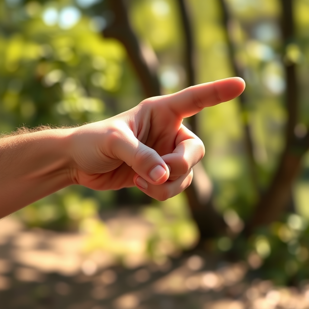 Regenerate a high-resolution illustration of a right hand pointing, captured with a Canon EOS R5 camera at f/8 aperture, ISO 100, 50mm lens, in natural light with a shallow depth of field to enhance the clarity and detail of the hand.