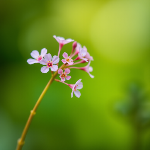 macro shot of delicate pink flowers on a slender stem with a blurred green background, aperture f/2.8, shutter speed 1/200 sec, ISO 100, 50mm lens, natural light, DSLR camera