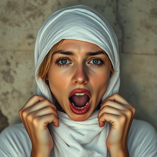 Create a close-up photographic image of a Eurasian woman with light skin tones shown against an old, worn wall. Their head is wrapped in a white cloth covering (i.e.... parts of the head except the nose and mouth, which are open as if they are screaming...), with a slight texture and visible folds in the fabric. Thin strands of blonde hair escape from the wrapping above, falling lightly at the top and sides. Their hands hold the fabric as if they are tugging nervously. The lighting is dramatic and even, casting strong shadows. The image has a minimalist and surreal style with an emphasis on simplicity with soft color tones. The composition is centered.