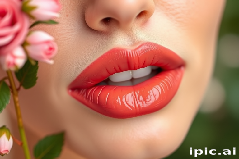 Romantic "Rosebud Dew" hydrating lip oil tint in soft coral, nourishing formula with subtle shine, perfect for achieving a natural and healthy glow