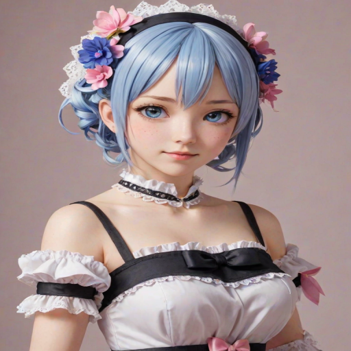 i want the whole image to be created in 3D anime style, 1girl, solo, breasts, looking at viewer, blush, short hair, bangs, blue eyes, hair ornament, dress, ribbon, medium breasts, blue hair, hair ribbon, upper body, flower, short sleeves, hairband, frills, parted lips, hair flower, hair over one eye, from side, lips, maid, maid headdress, petals, x hair ornament, pink ribbon, realistic, nose, rem (re:zero)