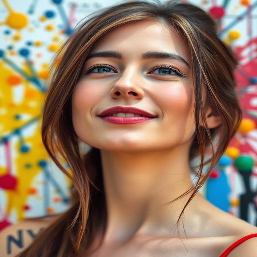 Create a vibrant portrait of a woman with a colorful, abstract background made of paint splashes and layered textures, using a 50mm lens, f/1.8 aperture, ISO 100, with a shallow depth of field, captured from a slightly elevated angle in natural light for enhanced detail and contrast.