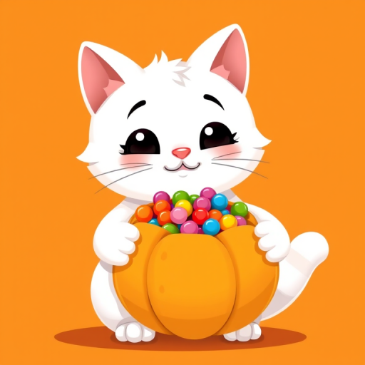 a cute cartoon white cat holding a small pumpkin filled with colorful candy, against an orange background