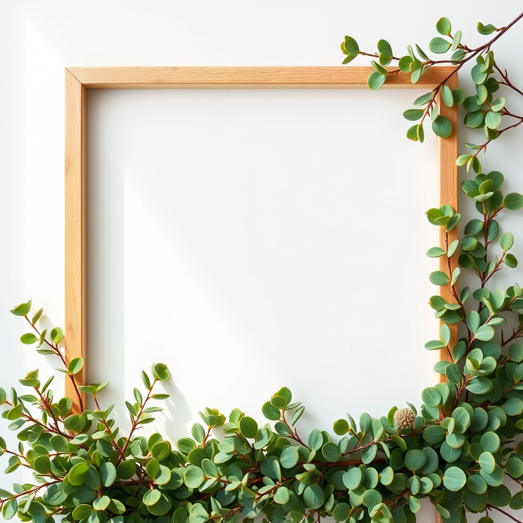 Create an image of a blank rectangular frame adorned with a lush arrangement of eucalyptus and other green foliage, captured with a Canon EOS 5D Mark IV at f/4, ISO 100, 50mm lens, in soft natural lighting from above, ensuring high resolution and vibrant colors.