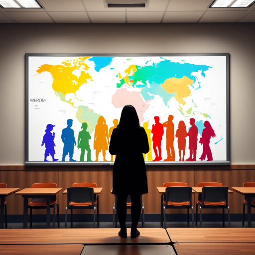 Create an image of a classroom setting with a silhouette of a teacher in front of a world map, showing diverse students in colorful silhouettes, with a DSLR camera at f/2.8, 1/125s, ISO 100, shot from the front view, with soft diffused lighting for an enhanced visual quality.