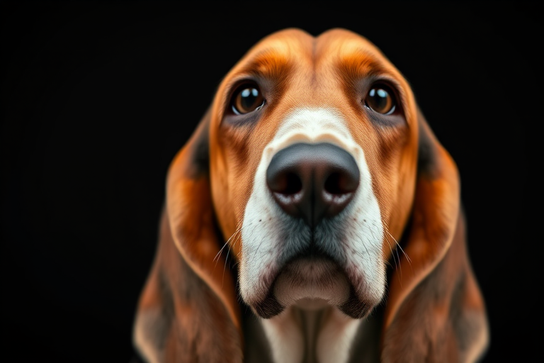 A close-up shot of a Basset Hound with a soft focus background, taken with a Canon EOS R5, aperture f/2.8, ISO 100, 50mm lens, using natural lighting to enhance the details of the fur and expression against a black backdrop.