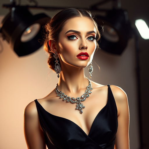 Studio portrait, female model, elegant couture dress, bold makeup, dramatic lighting, Shoot over the shoulder using a telephoto lens to focus on small details like jewelry, makeup, or fabric textures