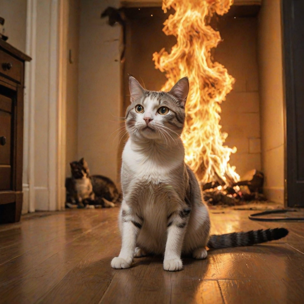 Photorealistic image of an innocent-looking cat sitting calmly in the middle of a burning room. Flames engulf the room, with fire licking up the walls and smoke filling the air. The cat is sitting on the floor, looking directly at the viewer with wide, innocent eyes. Above the cat, a speech bubble says "The dog did it!" The contrast between the cat's calm demeanor and the chaos around it creates a humorous and surreal scene.