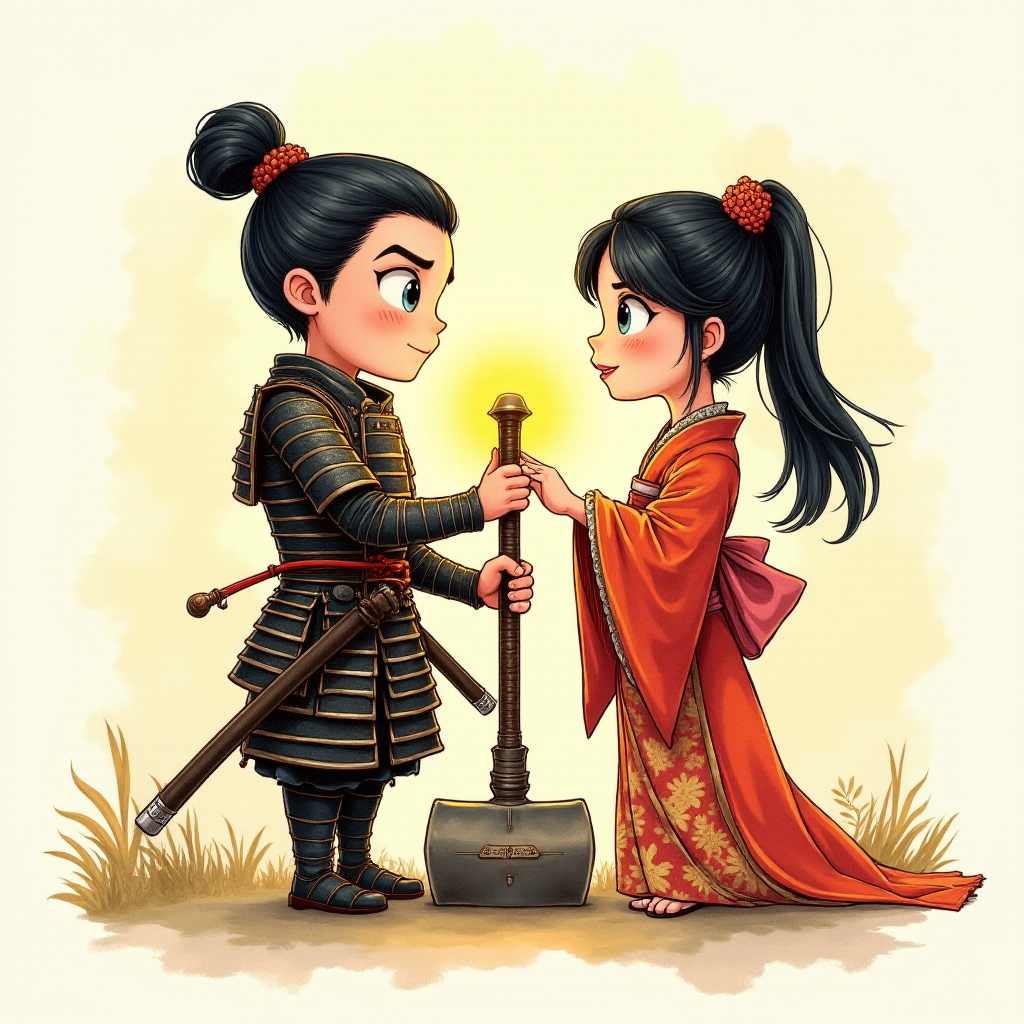 A watercolor and ink-painted, detailed line drawing of a young samurai in armor with black hair, clean-shaven, big eyes, and a large smile, standing next to a beautiful woman in a kimono. Both are holding the shaft of a warhammer together, with the head of the warhammer now adjusted to the proper size. They are the same height and look at each other with affection. The samurai is glowing with a yellowish aura, radiating warmth. The scene has a whimsical, adventurous feel in a Disney-Pixar aesthetic, with soft watercolor tones, intricate ink details, and a magical, cinematic atmosphere