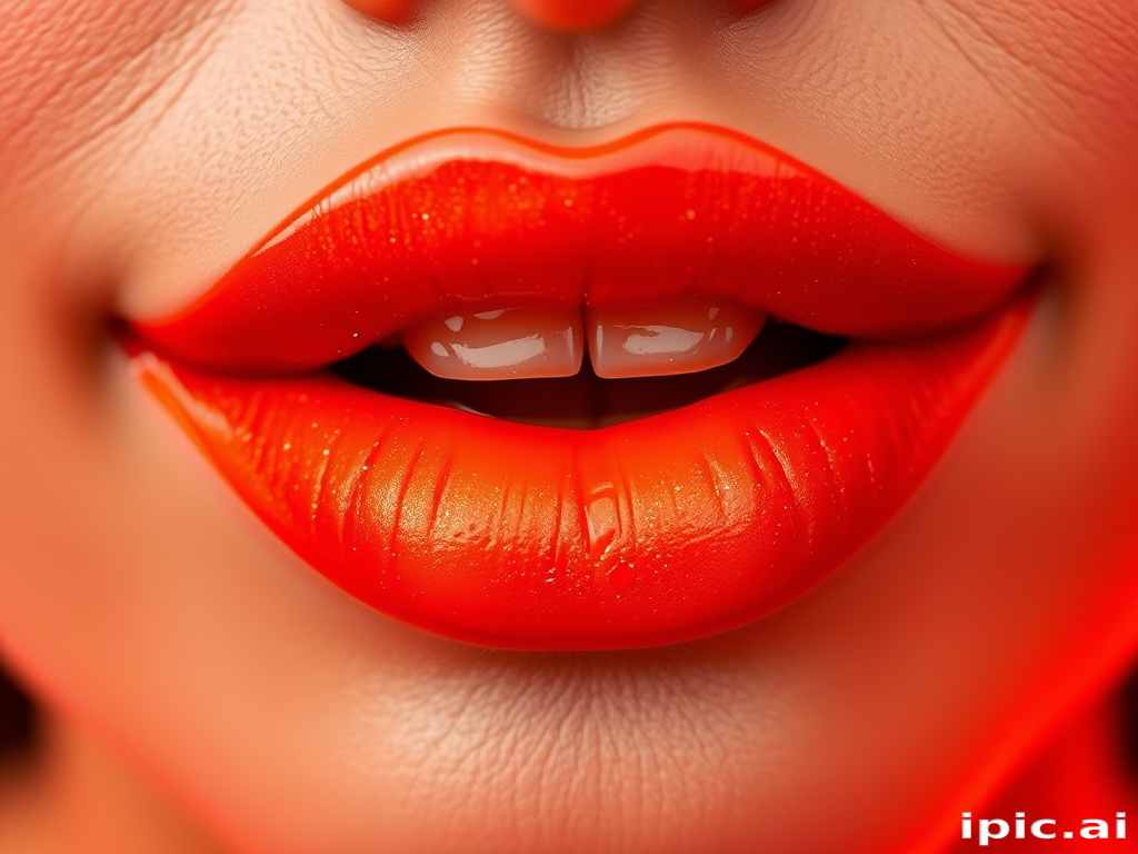 Fiery orange-red lips with a vinyl finish, dubbed "Lava Flow," featuring a subtle gradient effect and fine golden shimmer for a molten, smoldering appearance