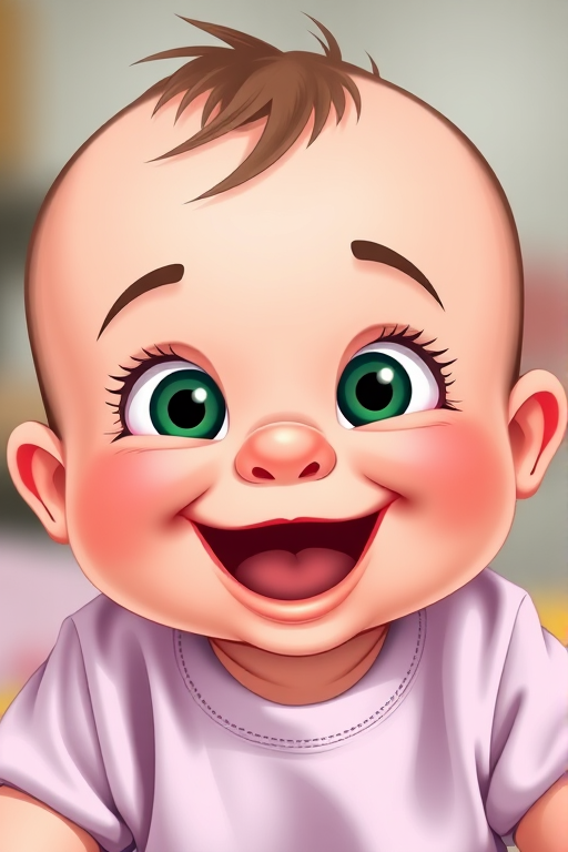 Generate a cartoon-style image of a happy baby with big round eyes and a playful smile, using a Canon EOS R5, 50mm lens, aperture f/1.8, ISO 100, and a vibrant color palette to enhance the overall quality and detail.