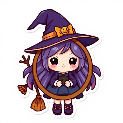 imagine a kawaii Witch's mirror sticker, 3d digital art, white background, sticker line weight