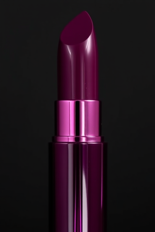 Deep plum lipstick with a glossy vinyl finish, titled "Midnight Orchid," boasting intense pigmentation and a high-shine, wet-look appearance