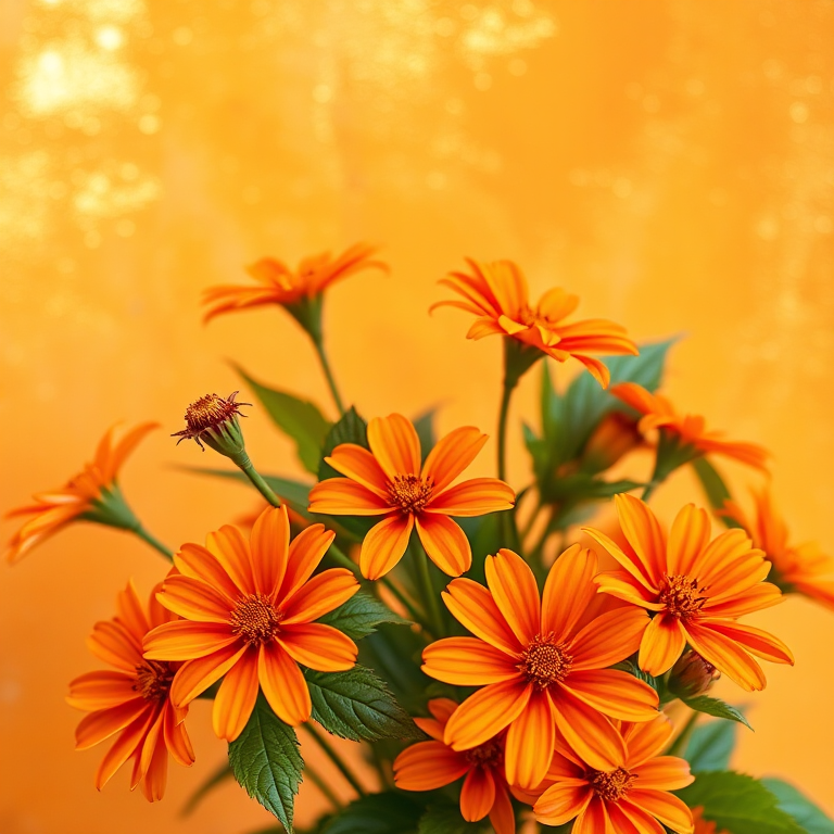 Create a vibrant floral background featuring various orange flowers with green leaves against an abstract orange and gold textured backdrop, captured with a macro lens at f/2.8, ISO 100, with a shallow depth of field using a DSLR camera for enhanced detail and clarity.