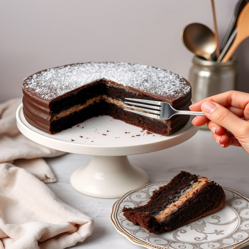 A delicious chocolate cake on a white pedestal with a slice removed, revealing rich layers, a hand holding a fork ready to take a bite, the slice on a decorative plate with intricate patterns, a soft background with kitchen utensils.