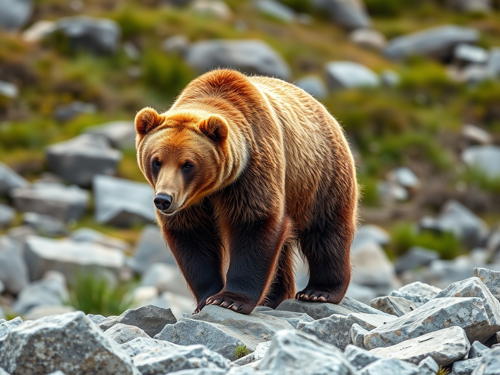 Regenerate the image of a grizzly bear walking on rocks in a natural setting, use a Canon EOS R5, 85mm lens, aperture f/2.8, shutter speed 1/500s, ISO 200, natural lighting, shallow depth of field for enhanced focus on the bear.
