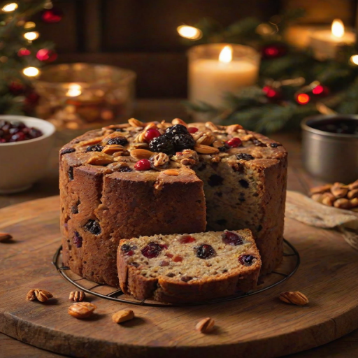 Generate an image of a beautifully baked fruitcake. The cake should be round and have a rich, dark appearance with visible pieces of dried fruits and nuts. It is placed on a wire rack, surrounded by a cozy kitchen setting with warm lighting. Include some festive decorations like twinkling lights in the background and a glass of red wine nearby.
