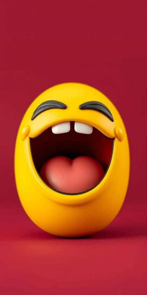 Create an image of a cartoonish yellow smiley face with a wide-open mouth showing an exaggerated yawn, featuring black eyes with expressive eyebrows, on a solid maroon background, captured with a DSLR camera, 50mm lens, aperture f/1.8, ISO 100, and a slightly blurred background for depth.