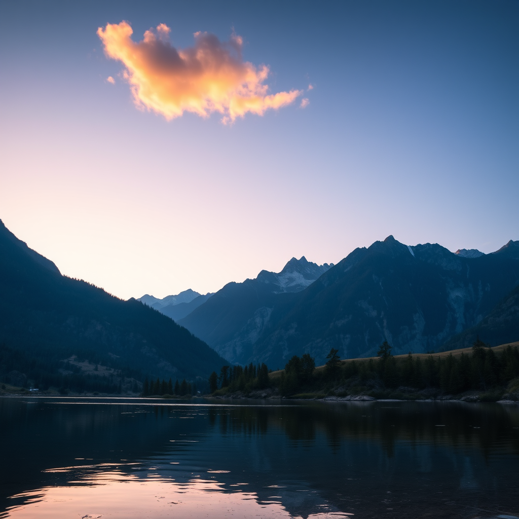 Generate a high-resolution image of a serene landscape featuring a calm lake surrounded by mountains during sunset, use a Canon EOS R5 with a 24mm f/1.4 lens, aperture set to f/8, ISO 100, and a shutter speed of 1/125s, taking the shot from a low angle to capture reflections in the water.