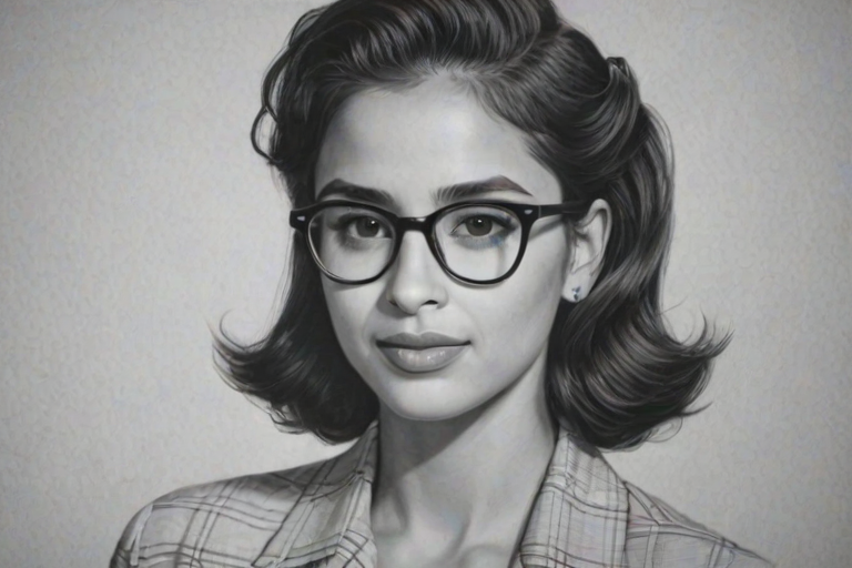 Pleasing Naomi Scott, pencil sketch, portrait of Ravishing woman 1945s in glasses, hair style beatnik, outline, clear lines, fine lines, 8k